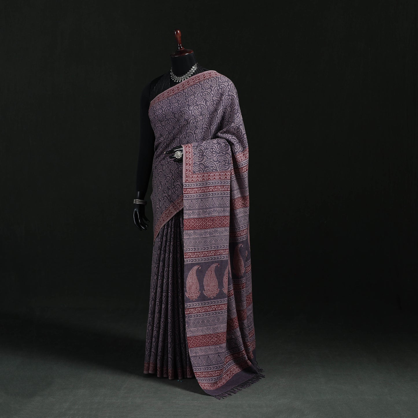 Handwoven Merino Wool Natural Dyed Hand Block Bagh Print Saree 06