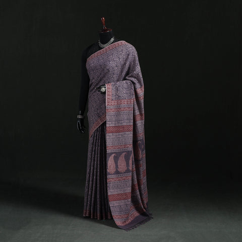 Handwoven Merino Wool Natural Dyed Hand Block Bagh Print Saree 06