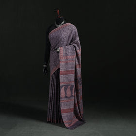 Handwoven Merino Wool Natural Dyed Hand Block Bagh Print Saree 06