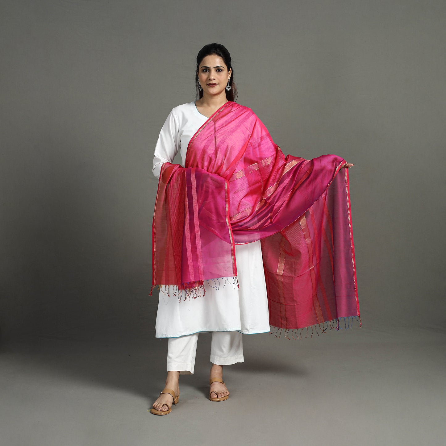 Pink - Handloom Silk Cotton Zari Work Maheshwari Dupatta 21