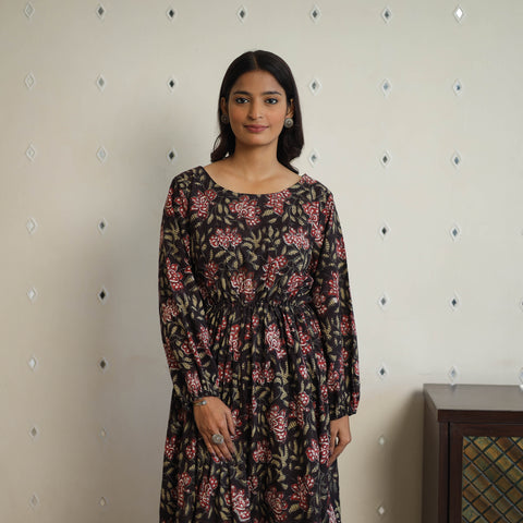 Black - Block Printed Cotton Fit & Flare Jahota Dress 02