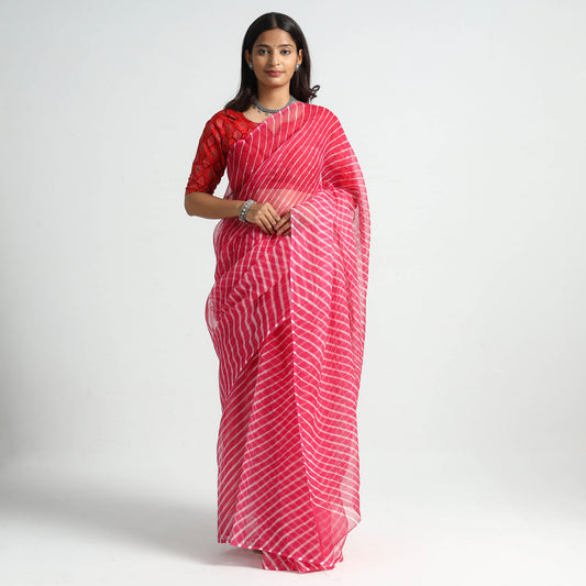 Pink - Leheriya Tie-Dye Kota Doria Cotton Saree 19