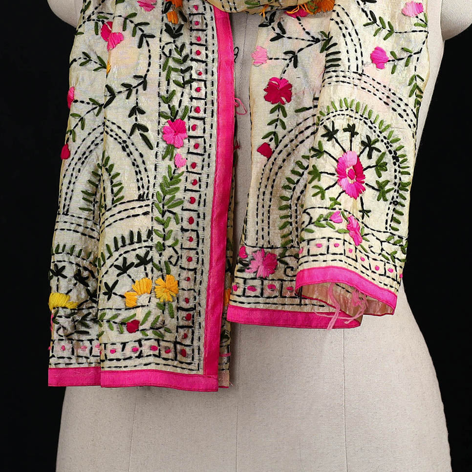 Beige - Ranihati Chanderi Silk Hand Embroidered Stole 49