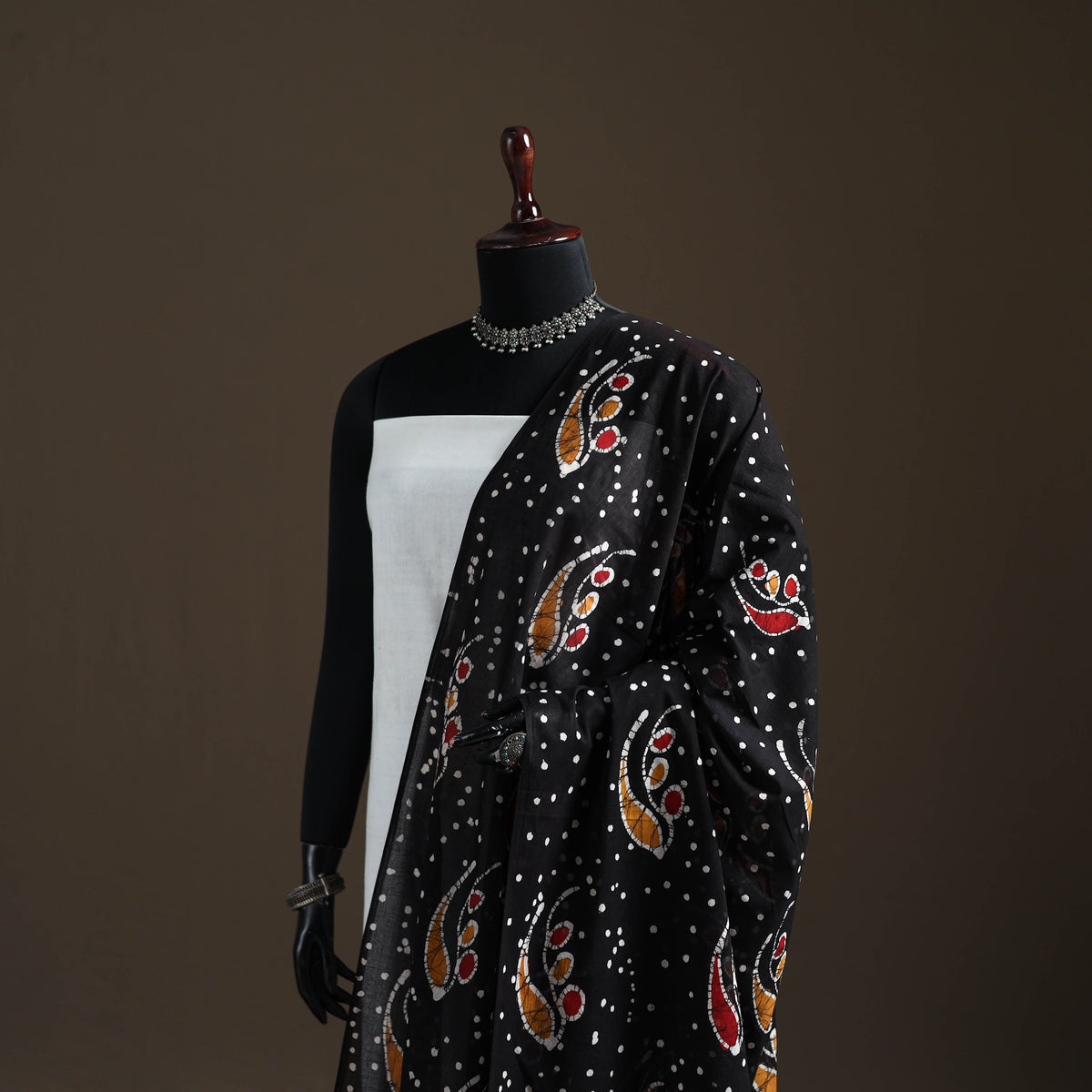 Black - hand batik print cotton dupatta 31 - handcrafted