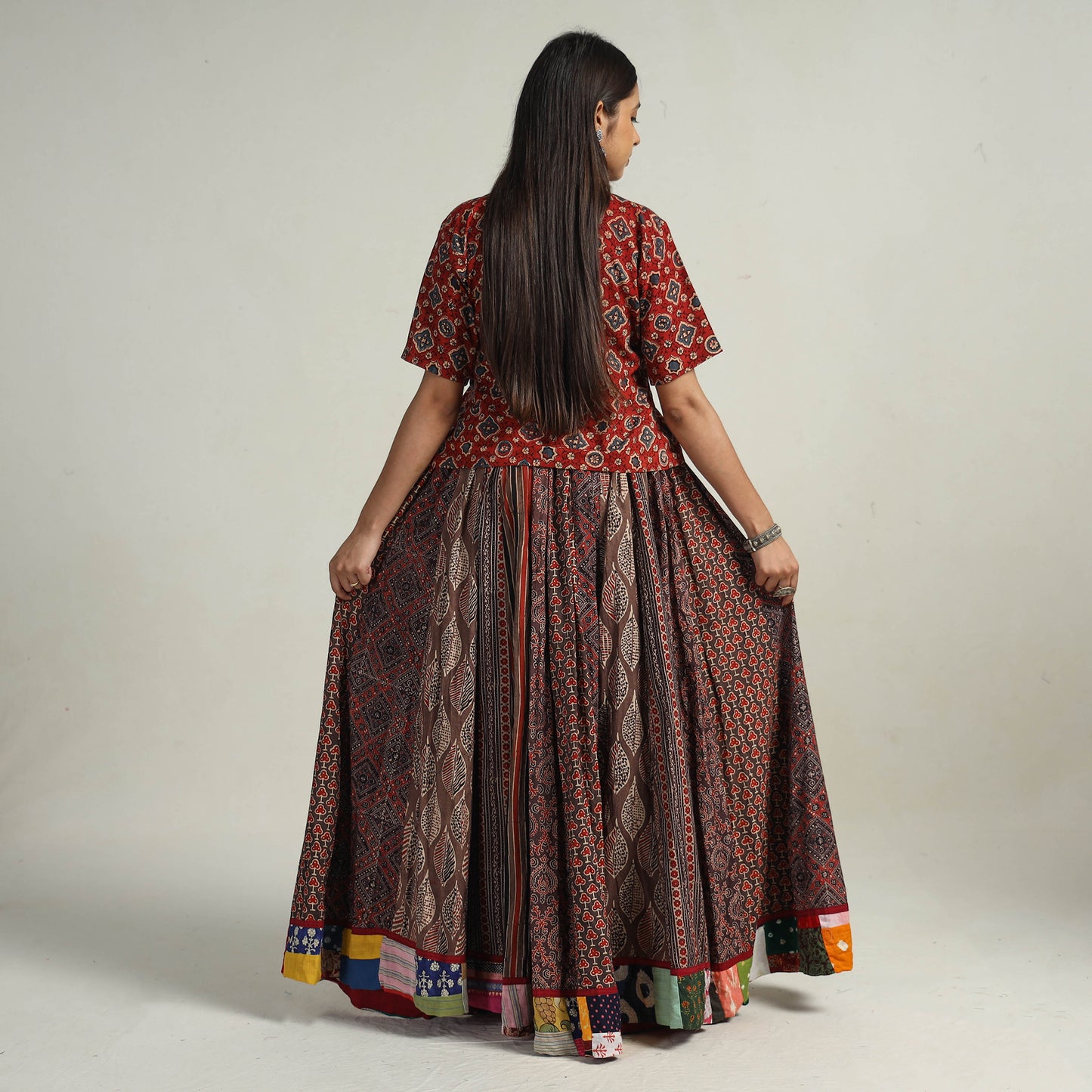 Multicolor - Kutch Block Printed 24 Kali Cotton Long Skirt 29