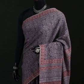 Handwoven Merino Wool Natural Dyed Hand Block Bagh Print Saree 06
