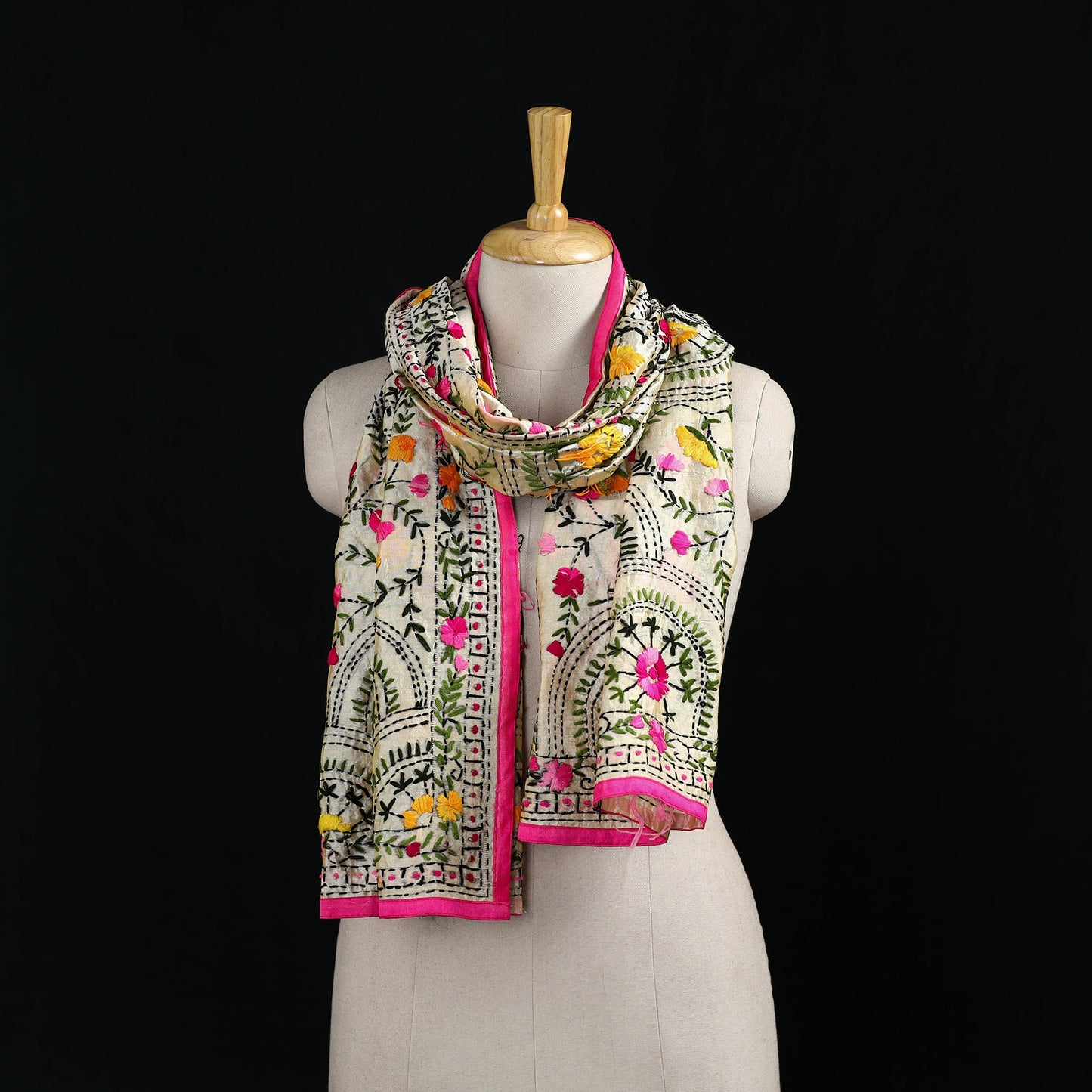 Beige - Ranihati Chanderi Silk Hand Embroidered Stole 49