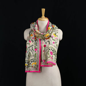 Beige - Ranihati Chanderi Silk Hand Embroidered Stole 49
