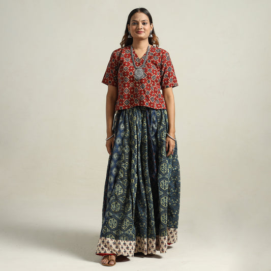 Ajrakh Block Printed 24 Kali Patchwork Cotton Long Skirt 14
