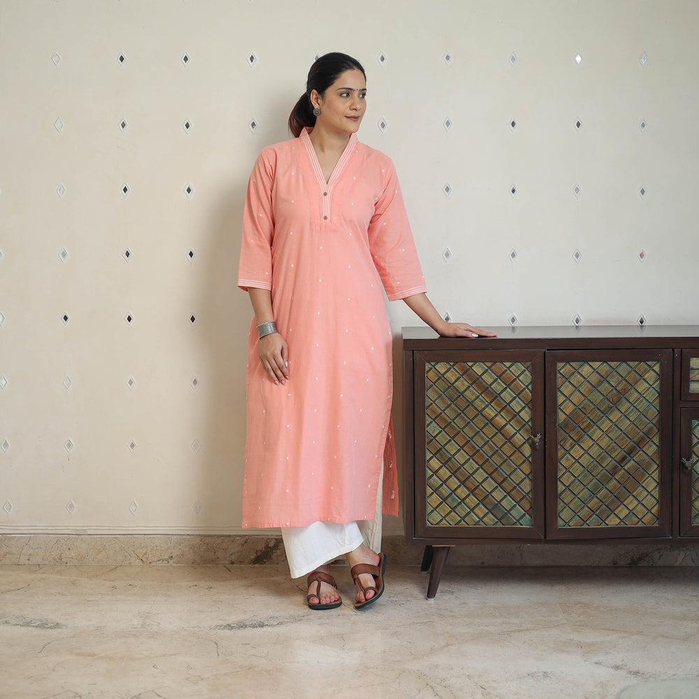 Peach - Jacquard Cotton Straight Kurta 03