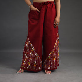 Red Kantha Hand Embroidery Palazzo in Cotton