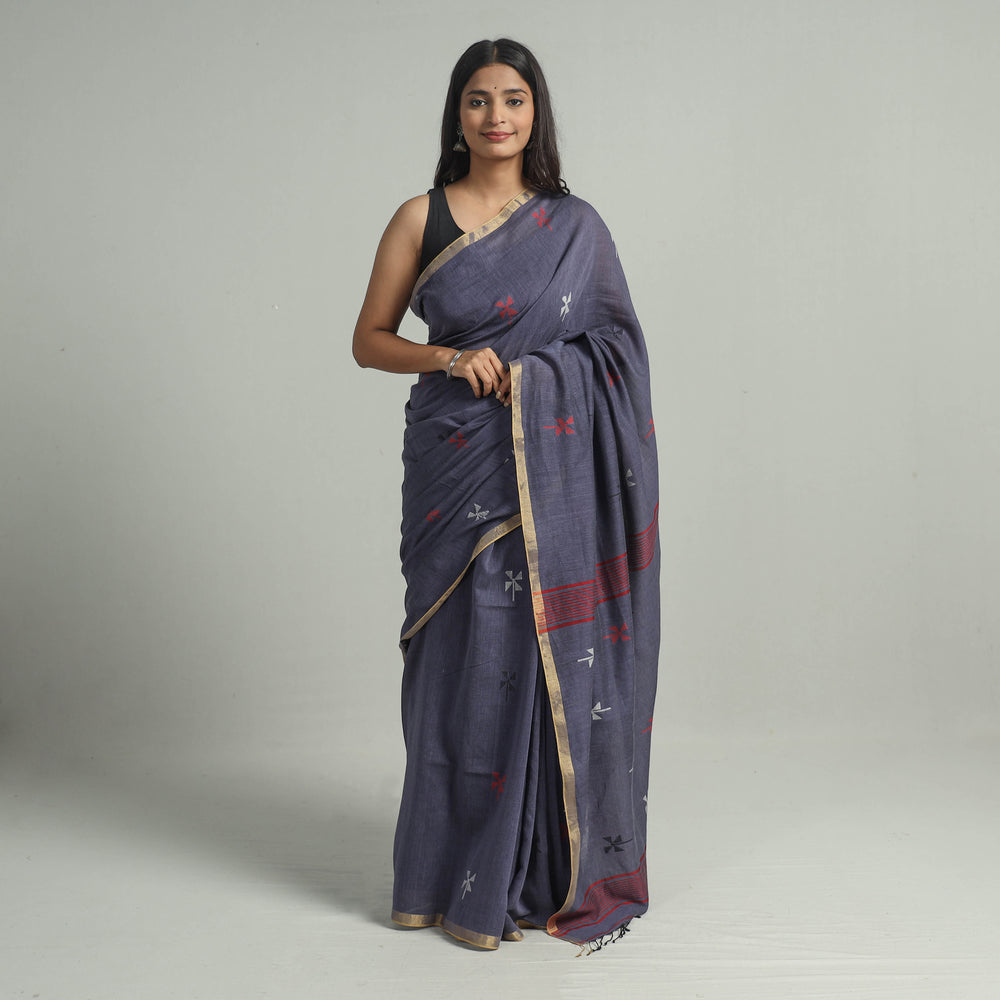 Blue - Handloom Cotton Phulia Jamdani Saree with Tassels 29