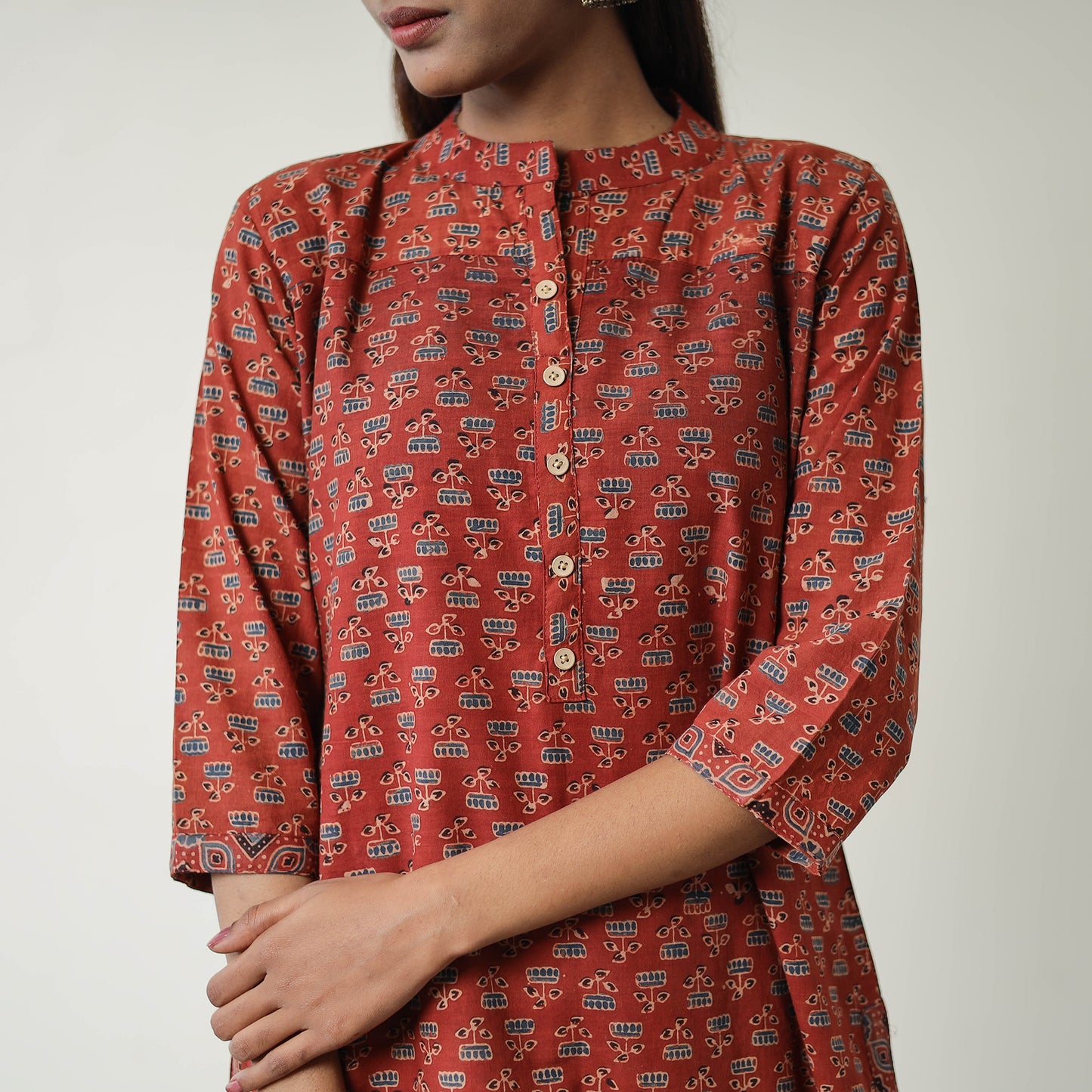 Red - Block Printed Cotton Straight Ajrakh Kurta 01