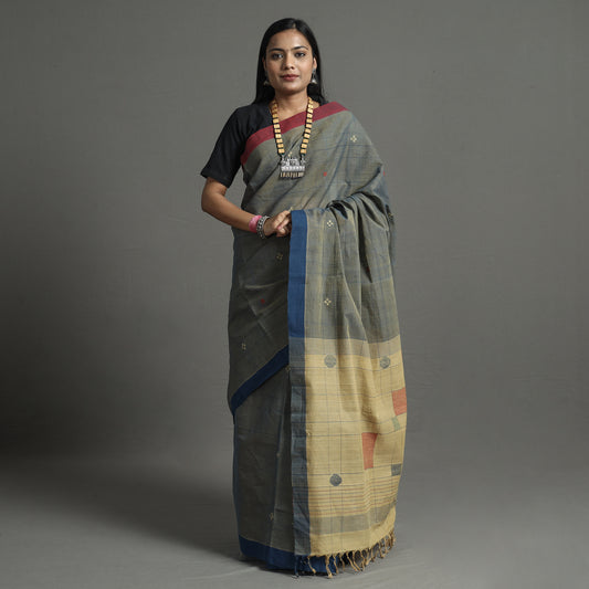 Grey - Srikakulam Jamdani Handspun Handloom Cotton Saree 25