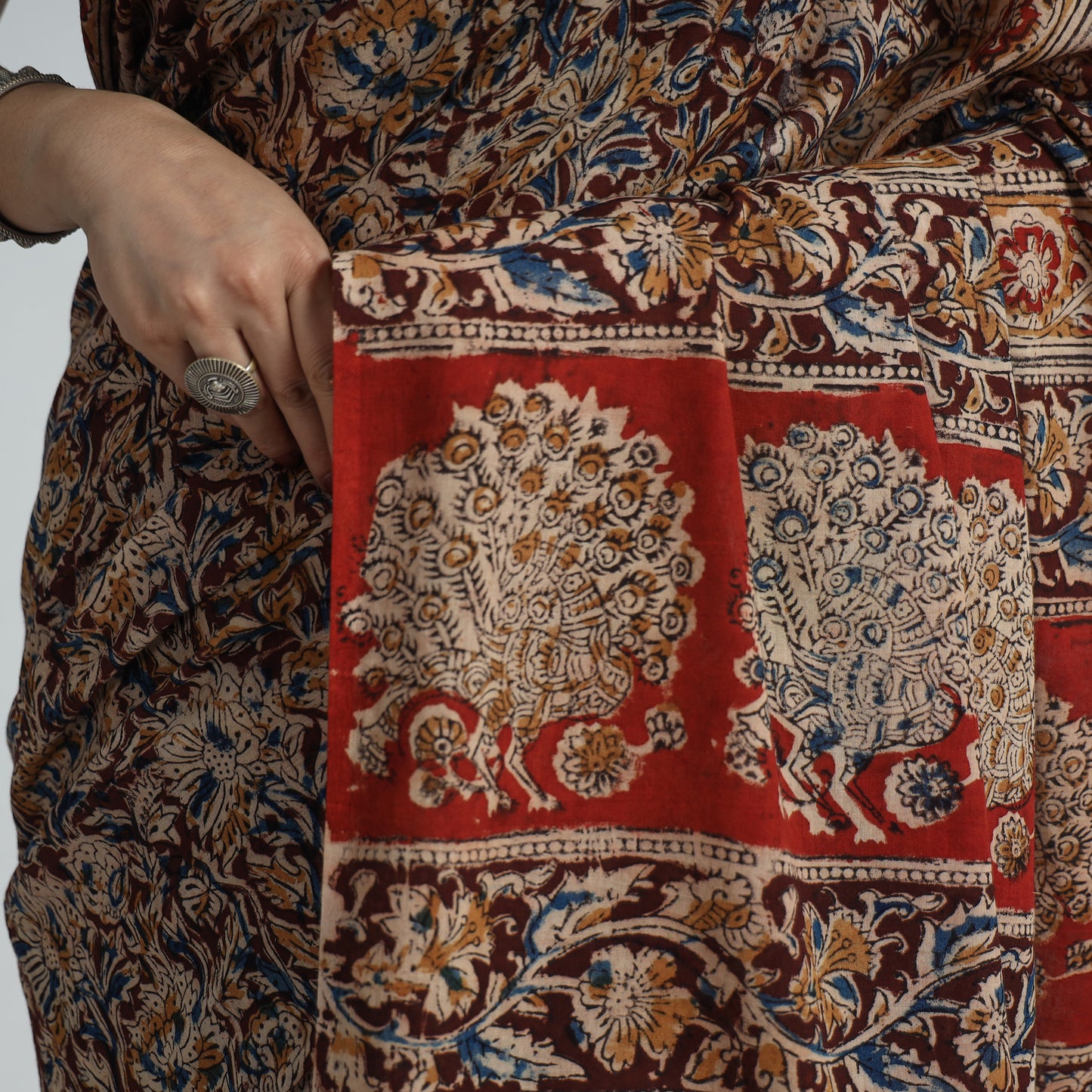 Multicolor - Pedana Kalamkari Block Printed Cotton Saree with Blouse Piece 25
