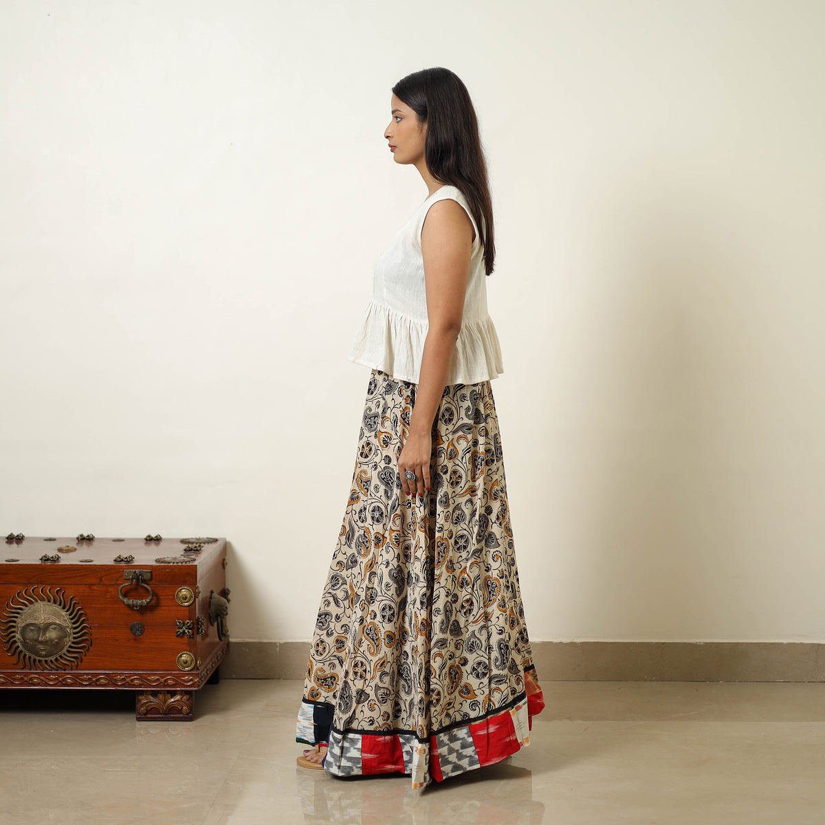 Beige - Hand Block Printed Cotton Long Bagru Skirt 14