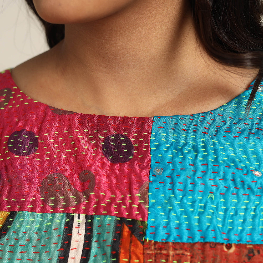 Multicolor - Hand Embroidery Silk Cotton Patchwork Kantha Stitch Blouse 05