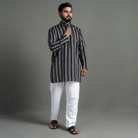 Black - Sambalpuri Ikat Weave Cotton Men Short Kurta