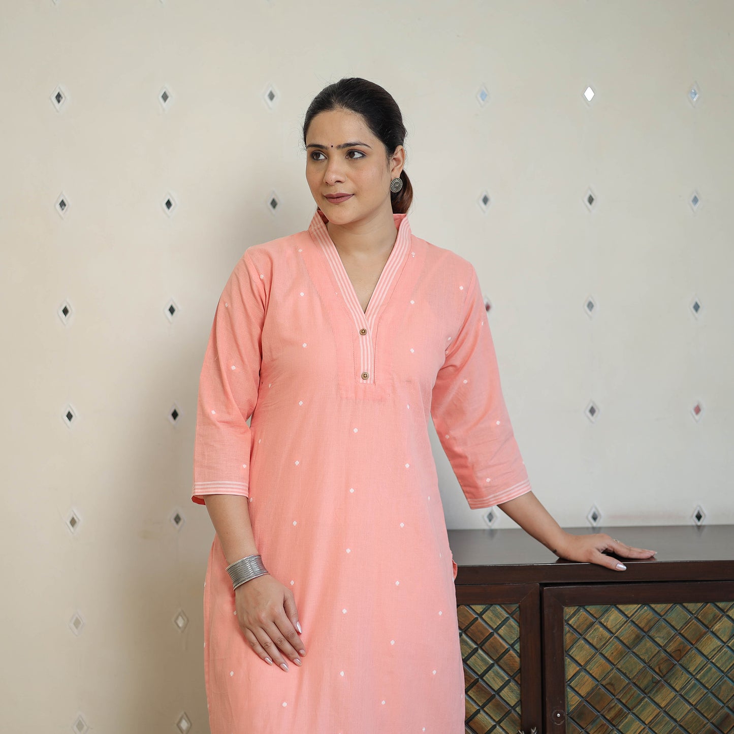 Peach - Jacquard Cotton Straight Kurta 03