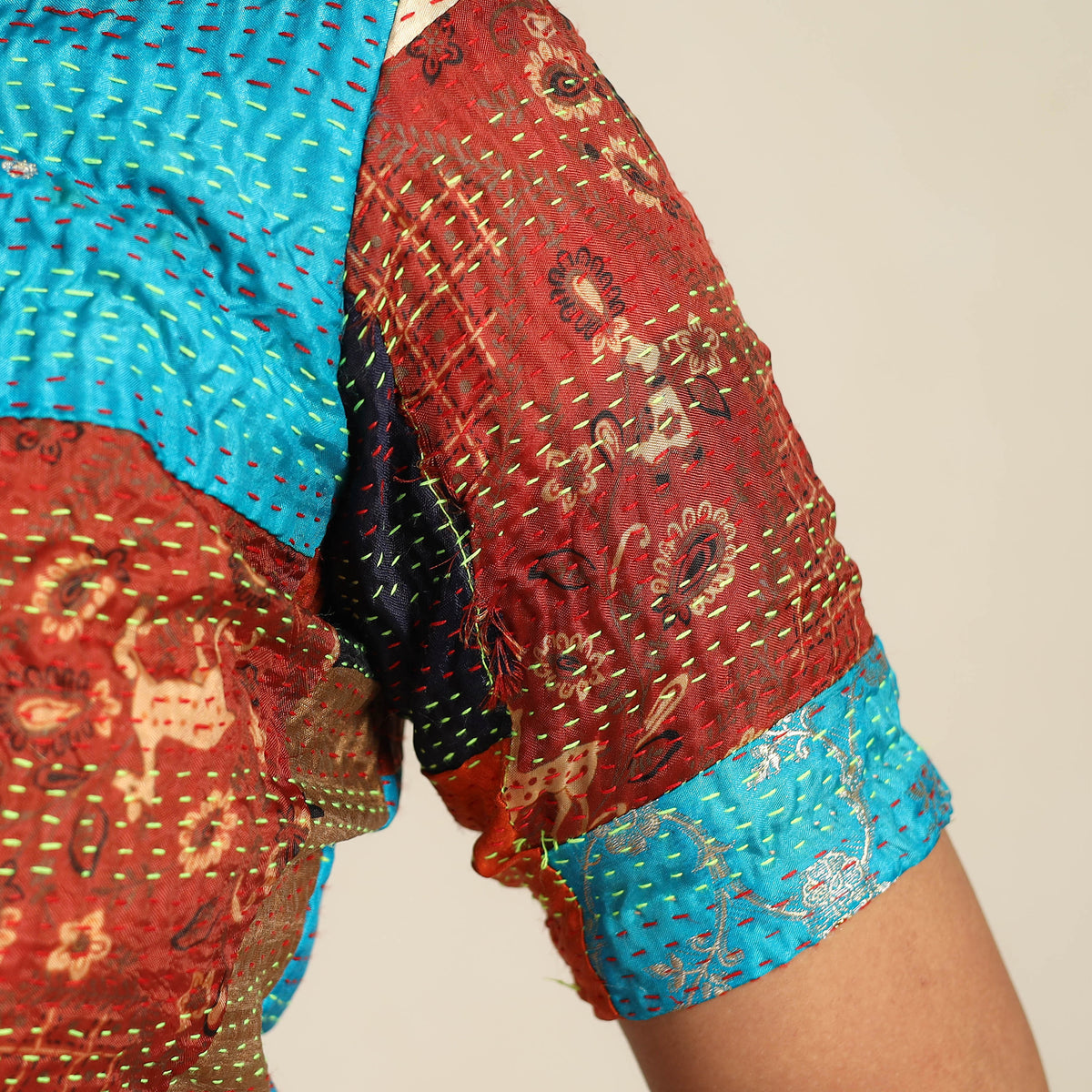 Multicolor - Hand Embroidery Silk Cotton Patchwork Kantha Stitch Blouse 05