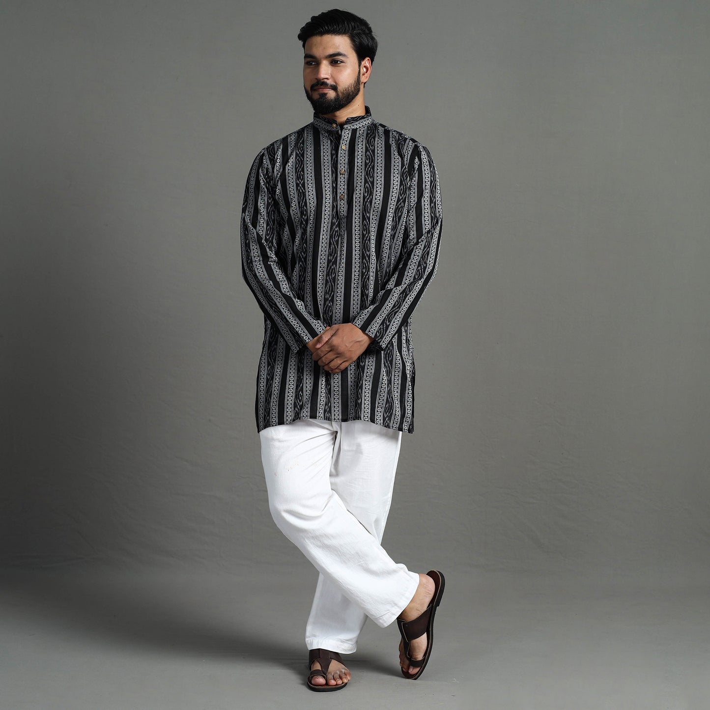 Black - Sambalpuri Ikat Weave Cotton Men Short Kurta