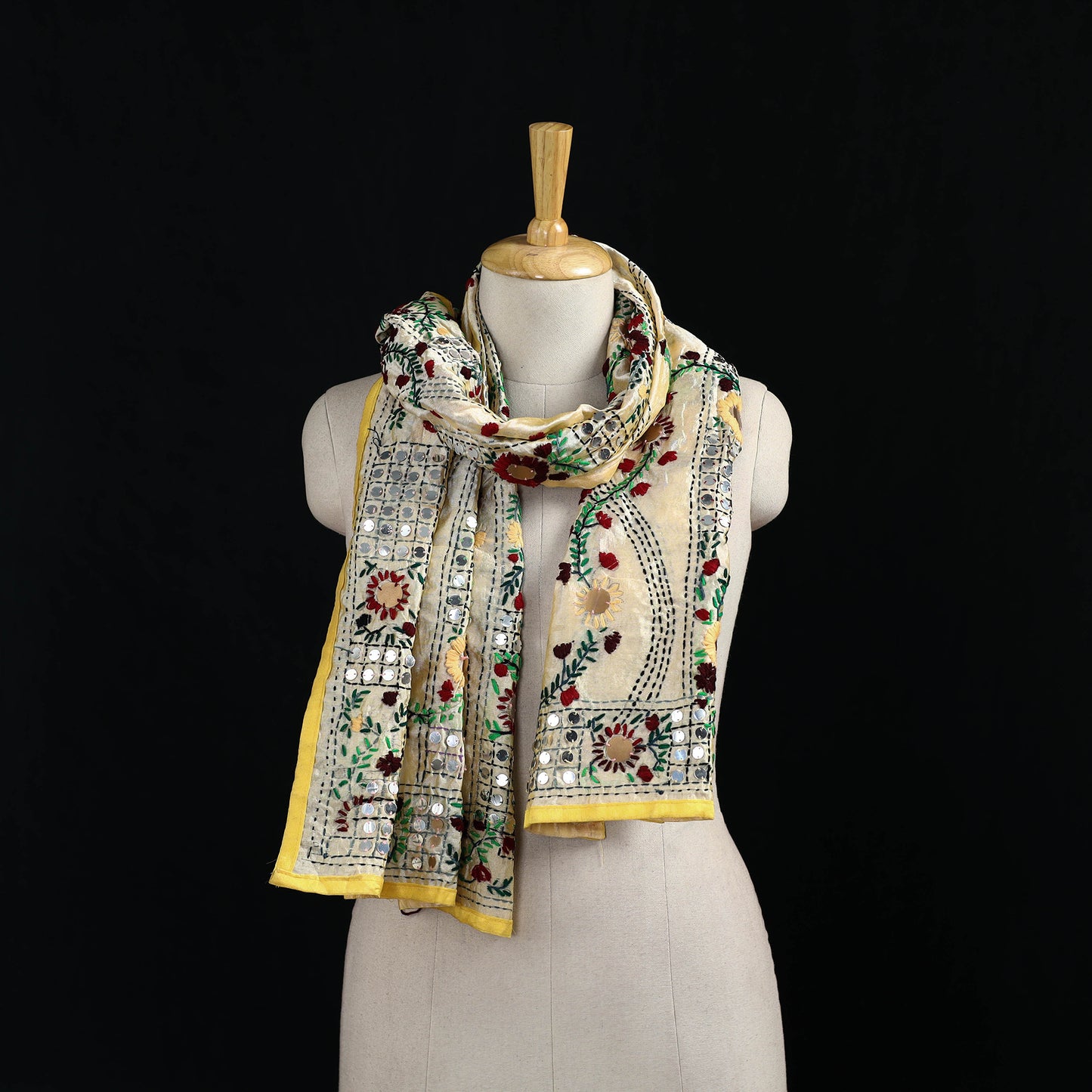 Beige - Ranihati Chanderi Silk Hand Embroidered Stole 51