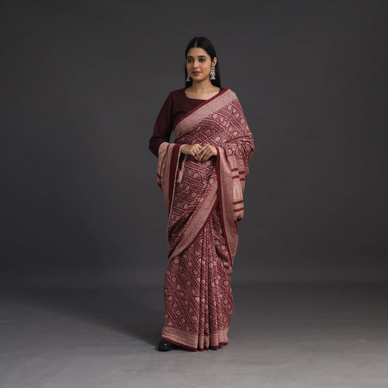 Maroon - Handwoven Merino Wool Bagh Block Print Saree 08