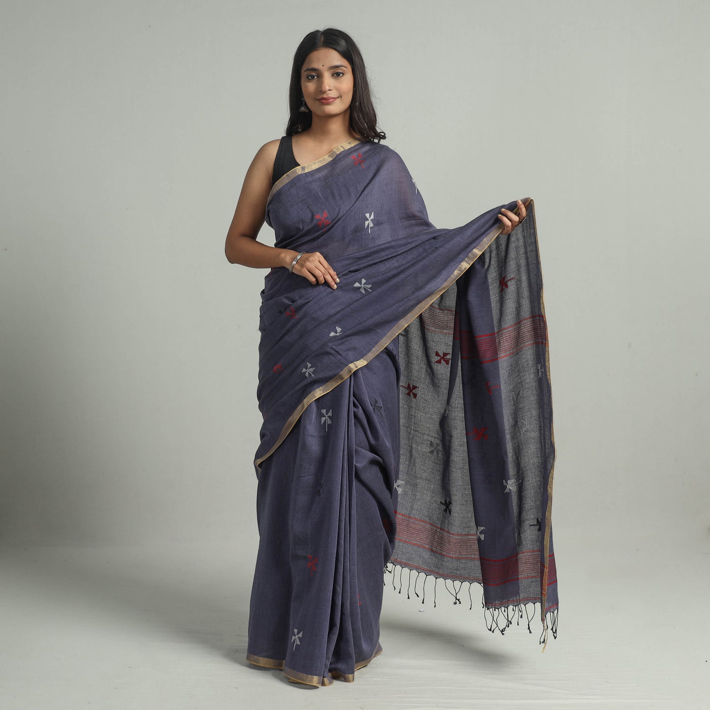 Blue - Handloom Cotton Phulia Jamdani Saree with Tassels 29