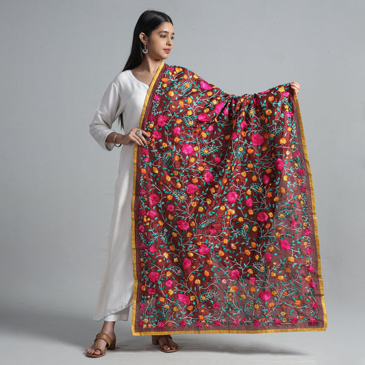 Maroon - Ranihati Chanderi Silk Chapa Work Phulkari Embroidered Dupatta 45