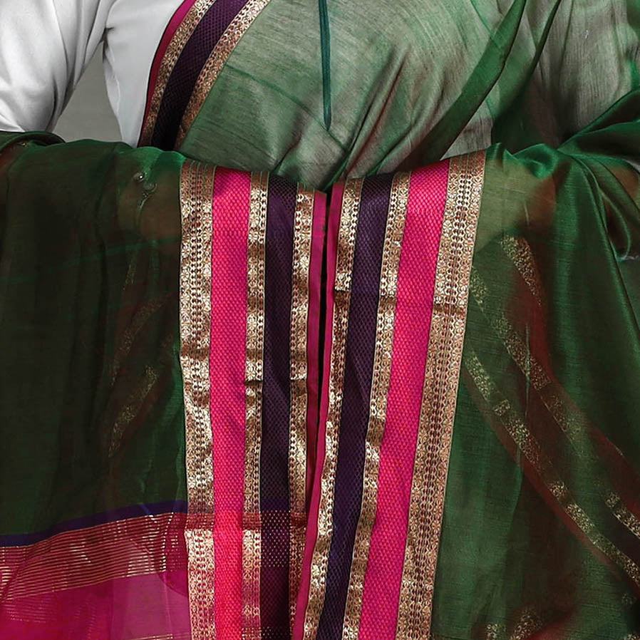 Green - Handloom Silk Cotton Resham Border Maheshwari Dupatta 22