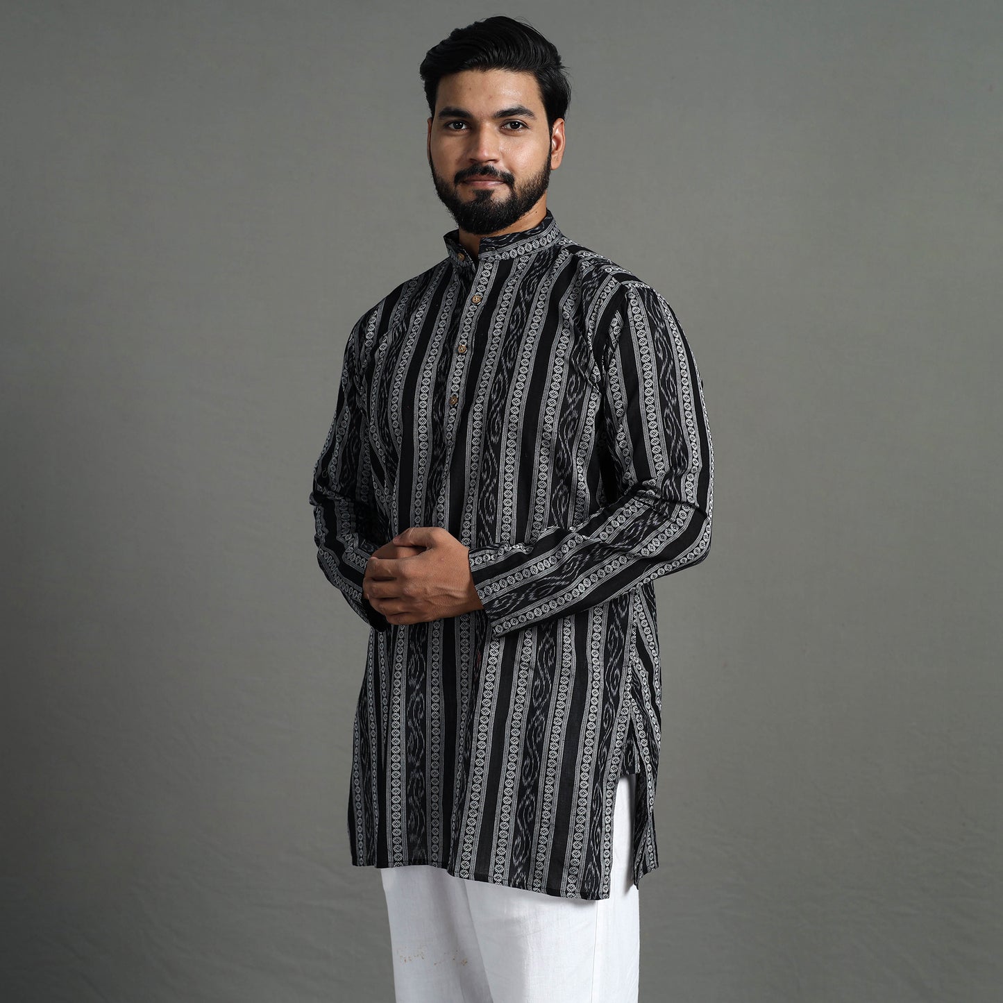 Black - Sambalpuri Ikat Weave Cotton Men Short Kurta