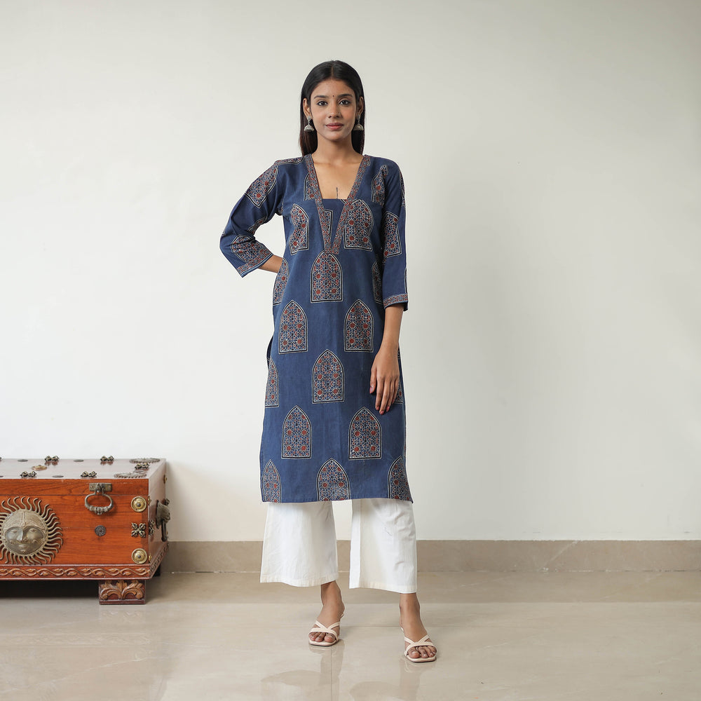 Block Printed Cotton Straight Ajrakh Kurta 33