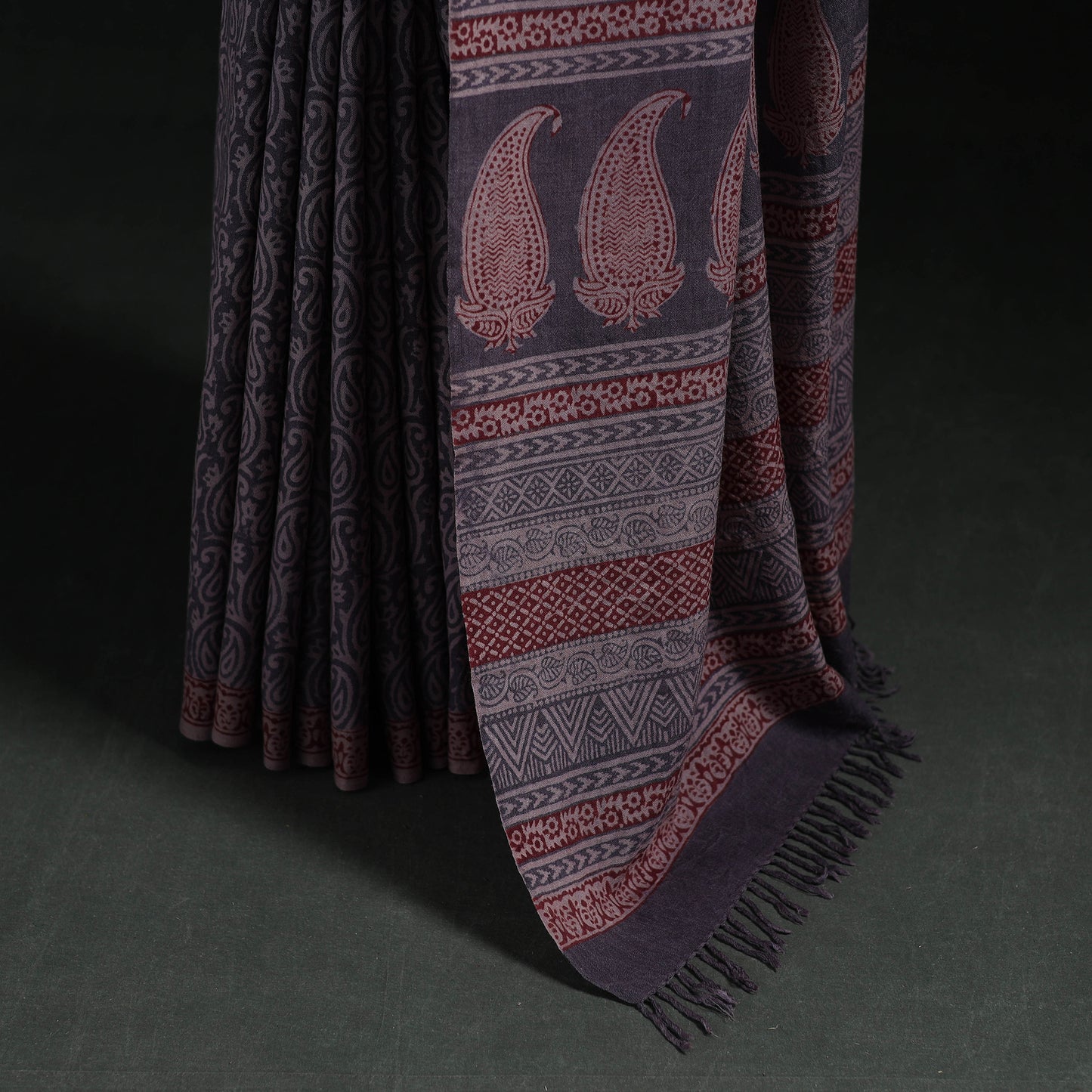 Handwoven Merino Wool Natural Dyed Hand Block Bagh Print Saree 06