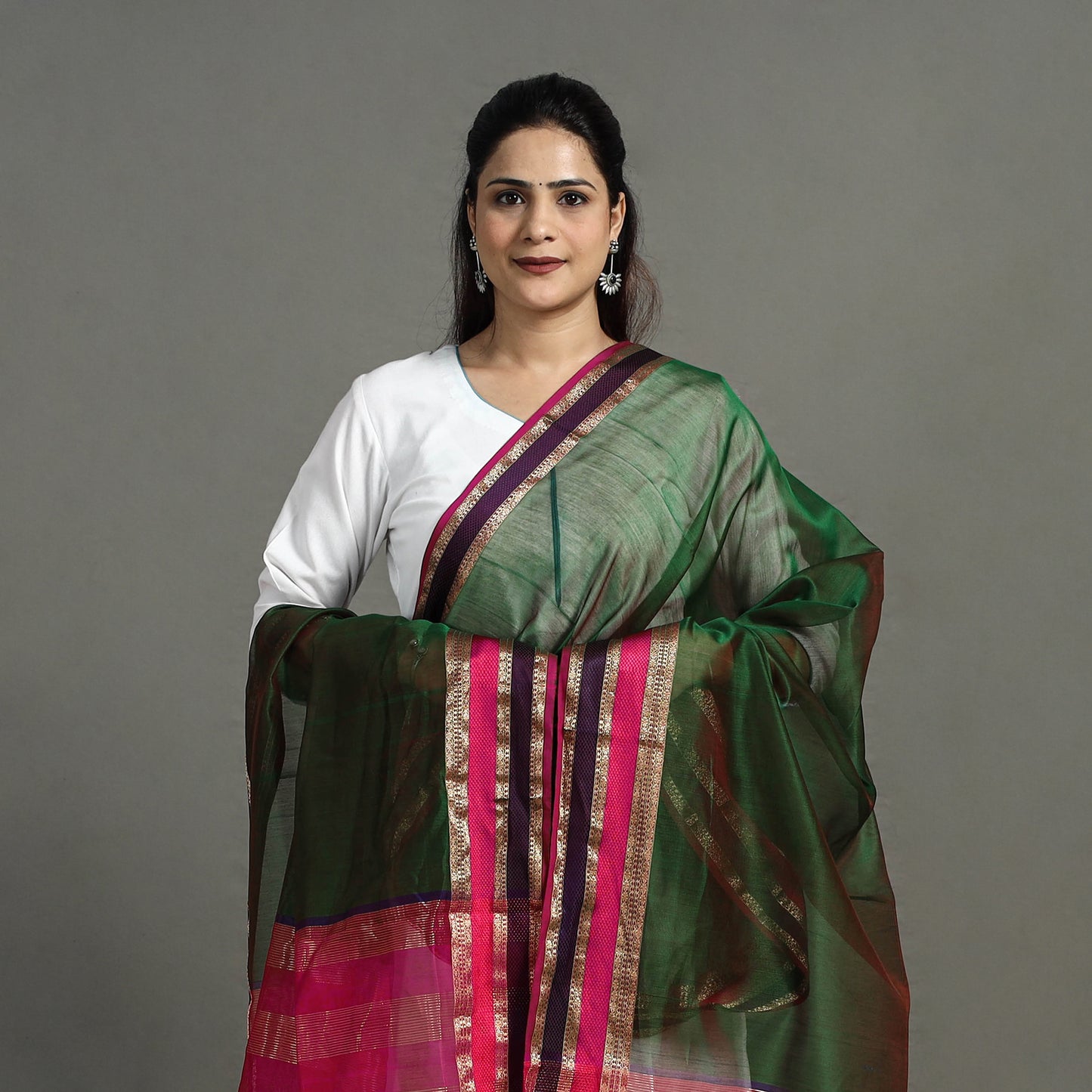 Green - Handloom Silk Cotton Resham Border Maheshwari Dupatta 22