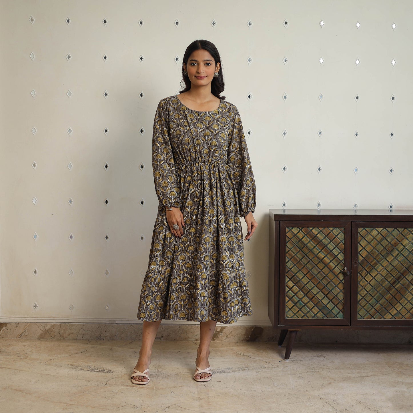 Brown - Block Printed Cotton Fit & Flare Jahota Dress 03