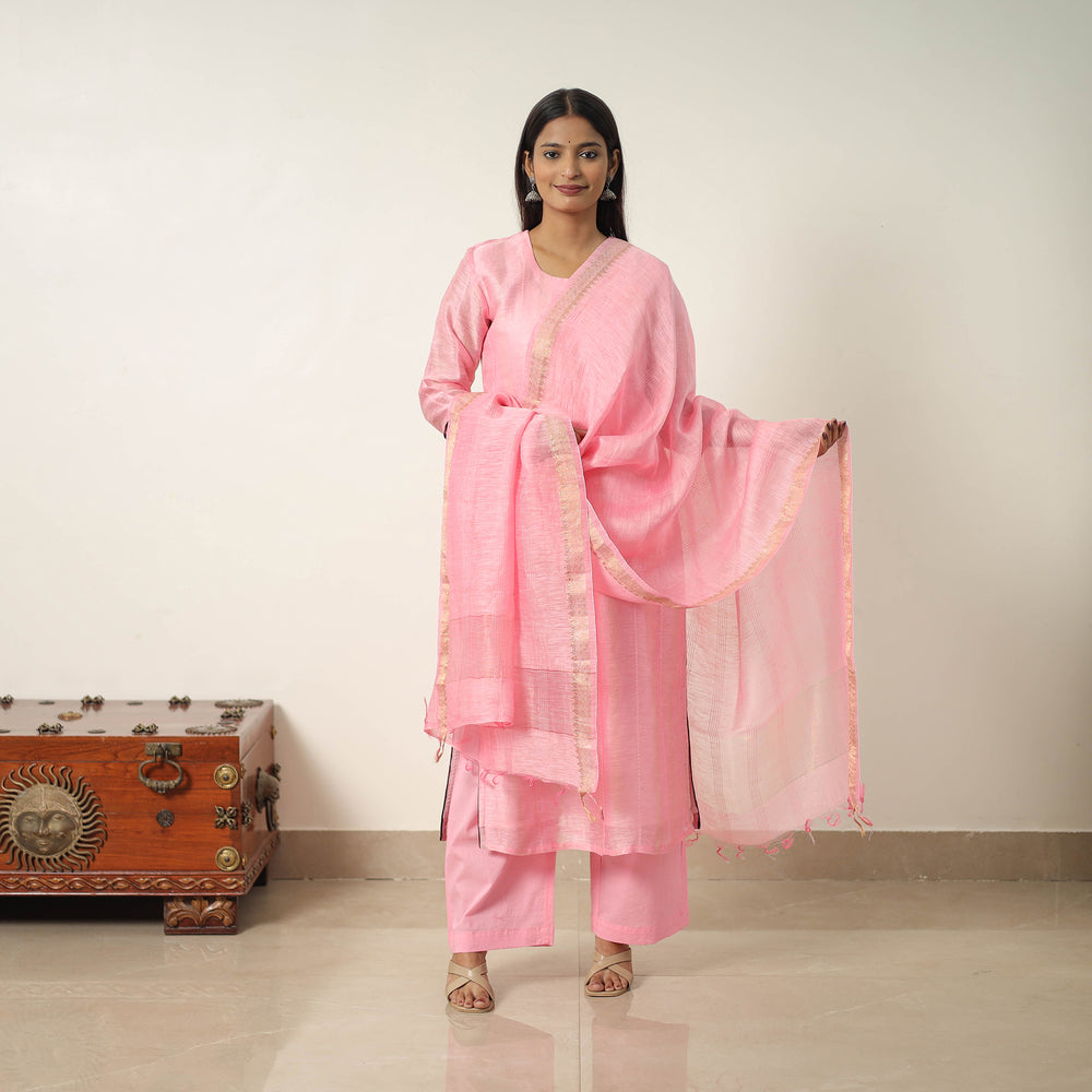 Pink - Elegant Linen Silk Handloom Plain Kurta Set 07