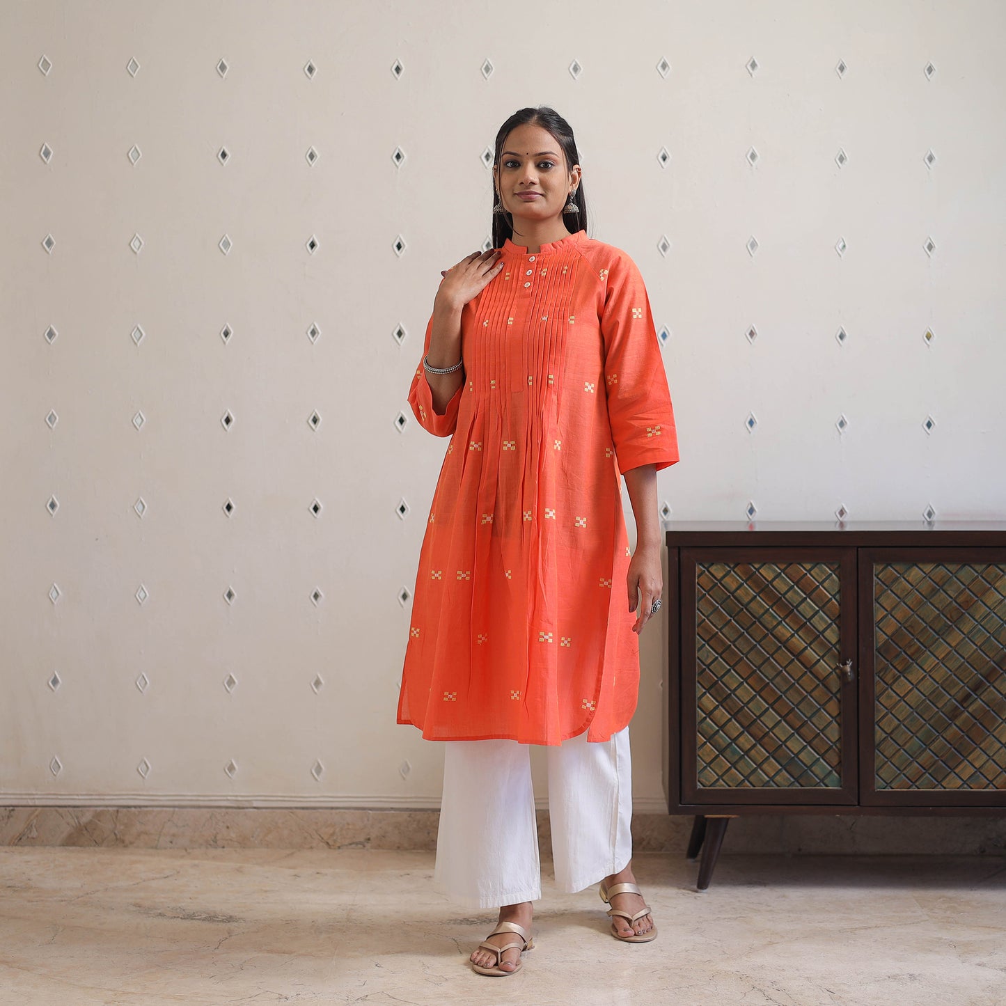 Orange - Handwoven Raglan Sleeve Pleated Jamdani Kurta 15