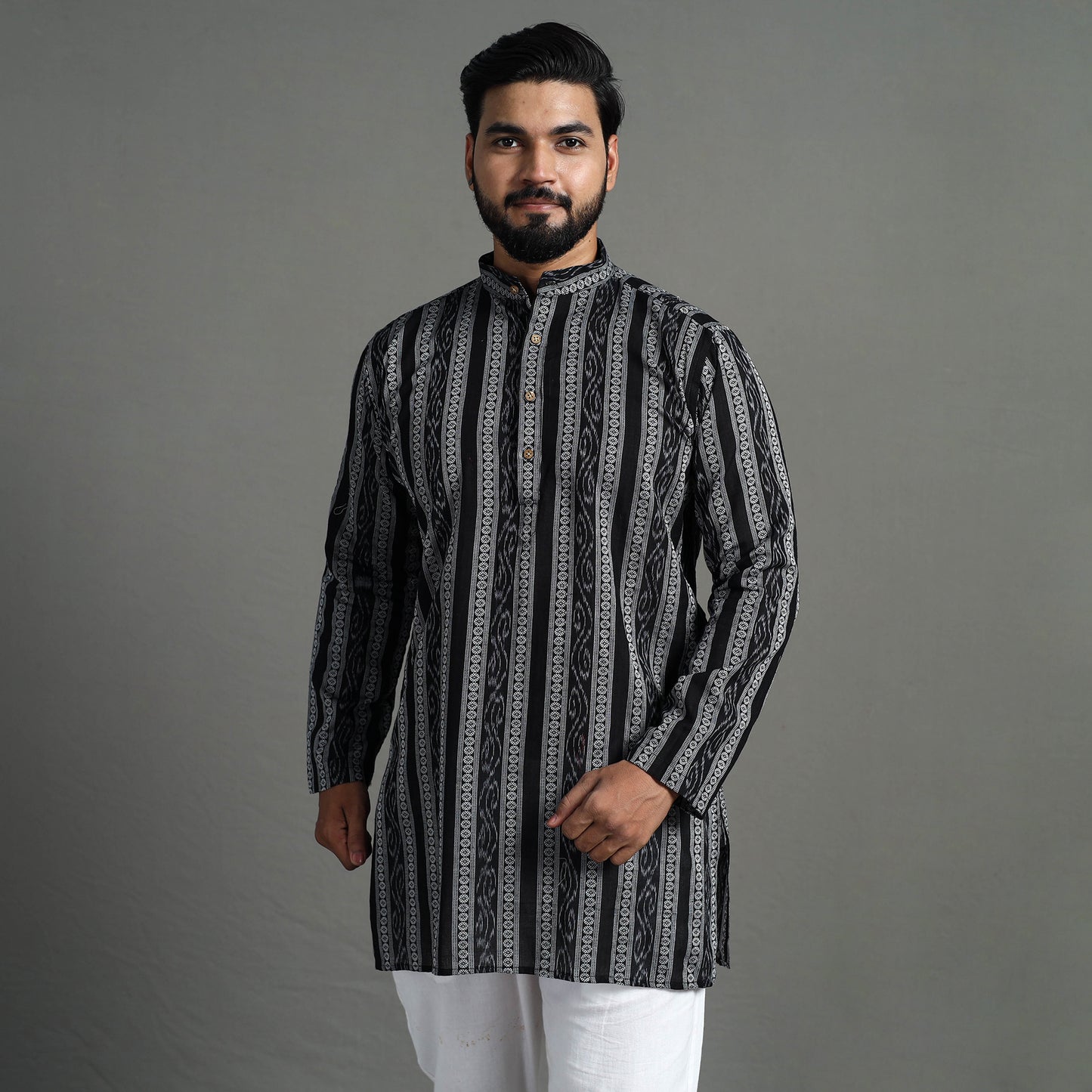 Black - Sambalpuri Ikat Weave Cotton Men Short Kurta