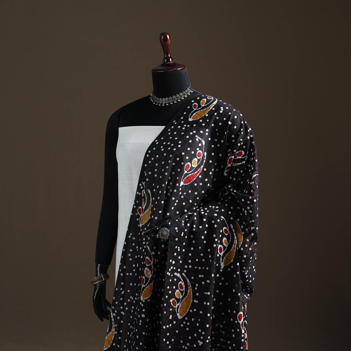 Black - Hand Batik Print Cotton Dupatta 33