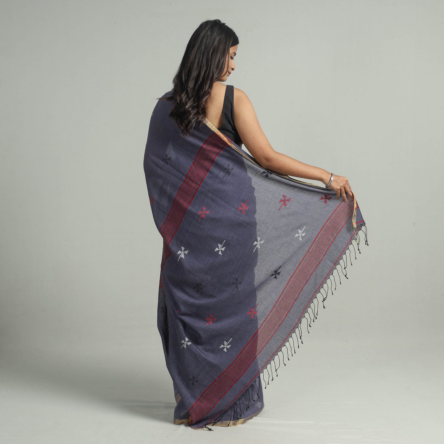 Blue - Handloom Cotton Phulia Jamdani Saree with Tassels 29