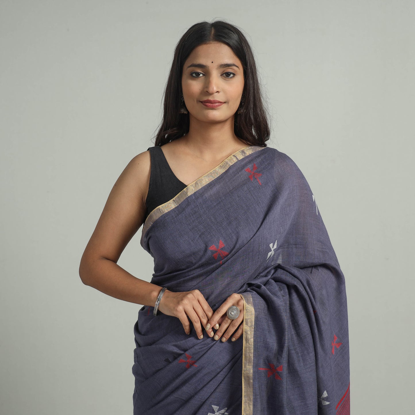 Blue - Handloom Cotton Phulia Jamdani Saree with Tassels 29