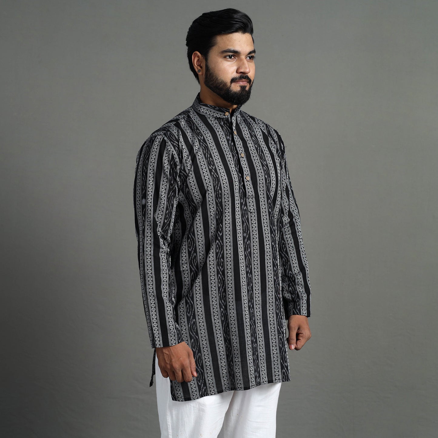 Black - Sambalpuri Ikat Weave Cotton Men Short Kurta