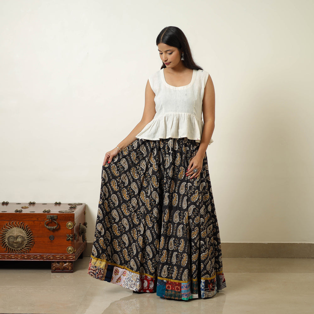 Black - Hand Block Printed Cotton Long Bagru Skirt 15