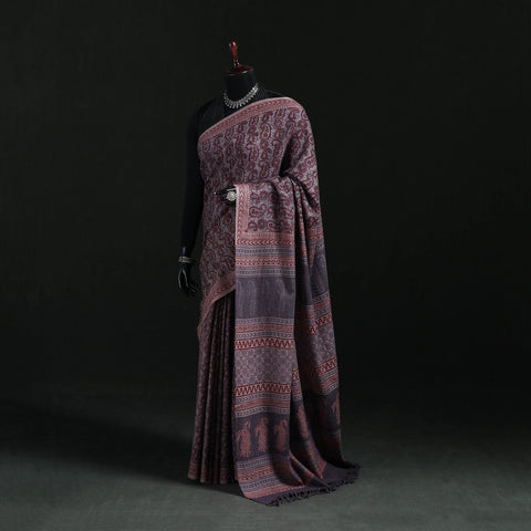 Handwoven Merino Wool Natural Dyed Hand Block Bagh Print Saree 05