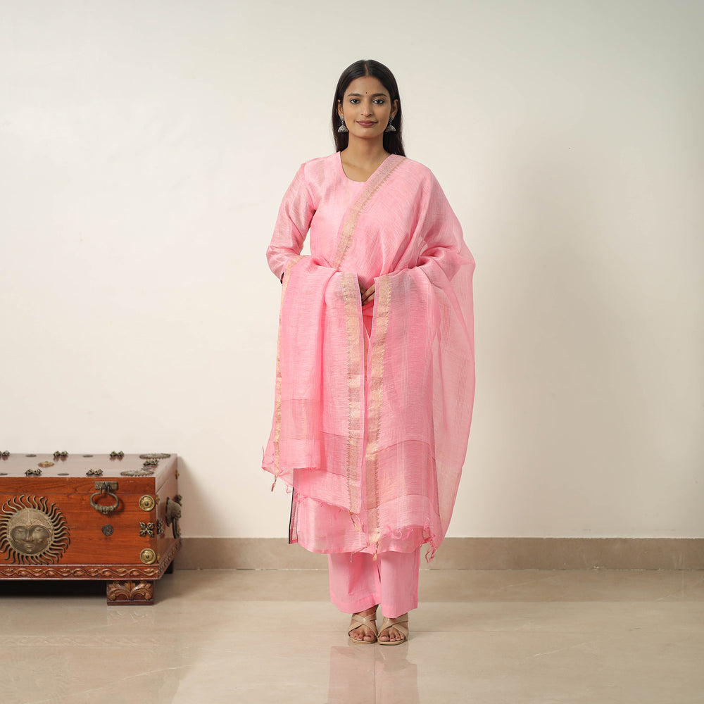 Pink - Elegant Linen Silk Handloom Plain Kurta Set 07