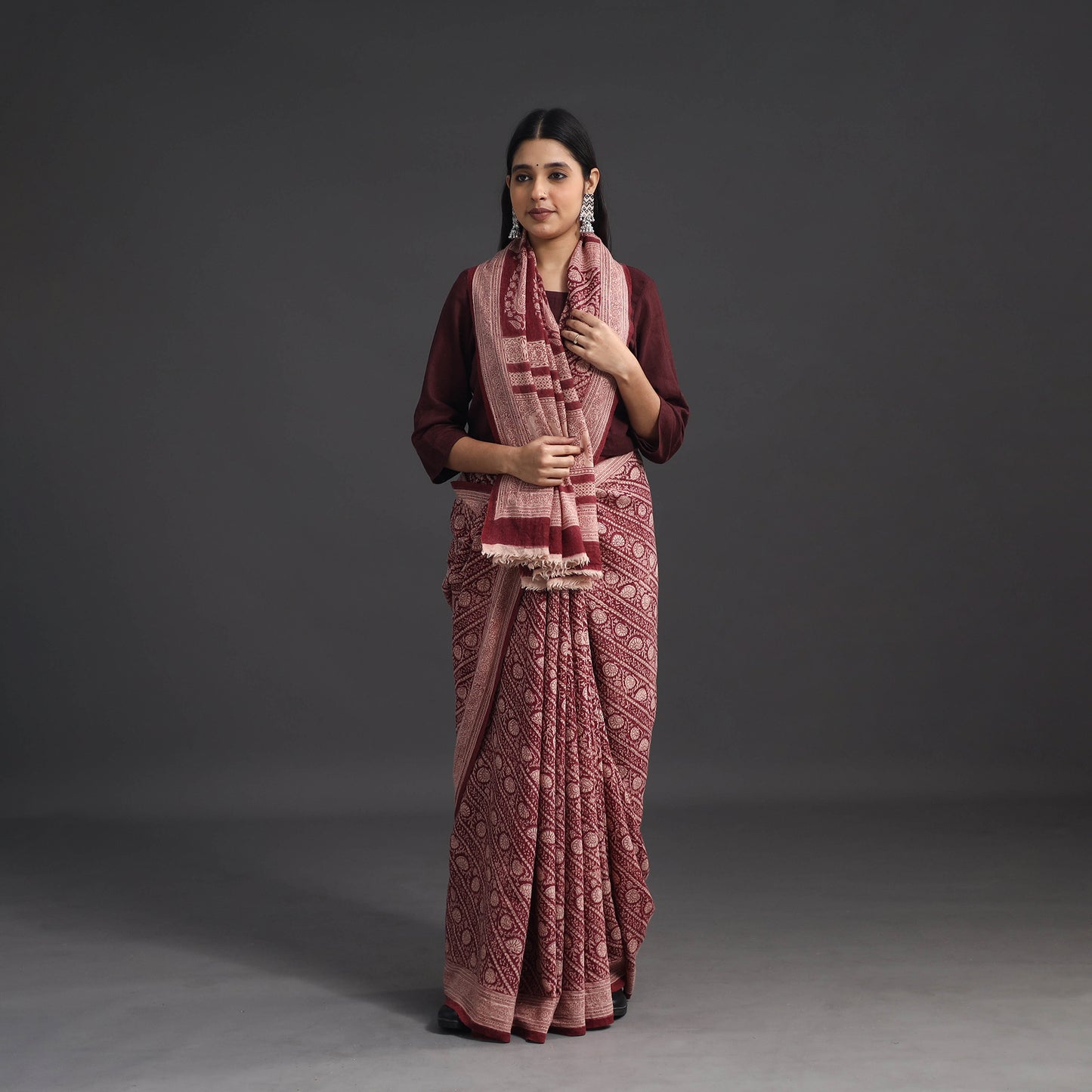 Maroon - Handwoven Merino Wool Bagh Block Print Saree 08