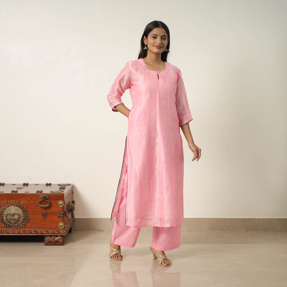 Pink - Elegant Linen Silk Handloom Plain Kurta Set 07