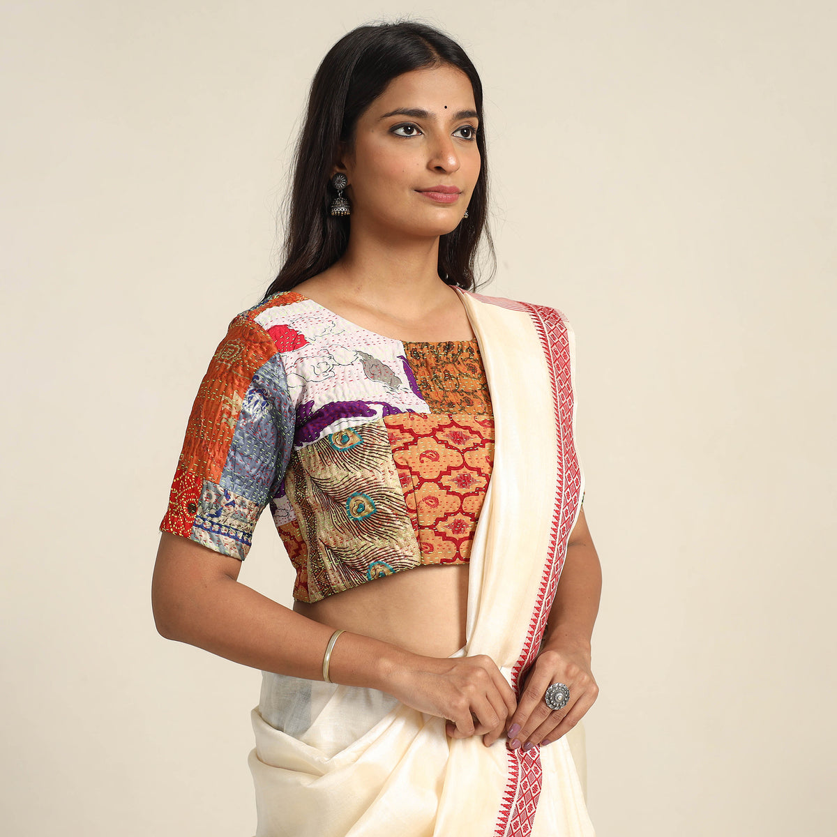 Multicolor - Hand Embroidery Silk Cotton Patchwork Kantha Stitch Blouse 04