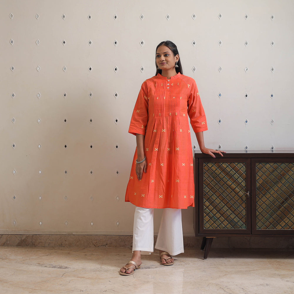 Orange - Handwoven Raglan Sleeve Pleated Jamdani Kurta 15