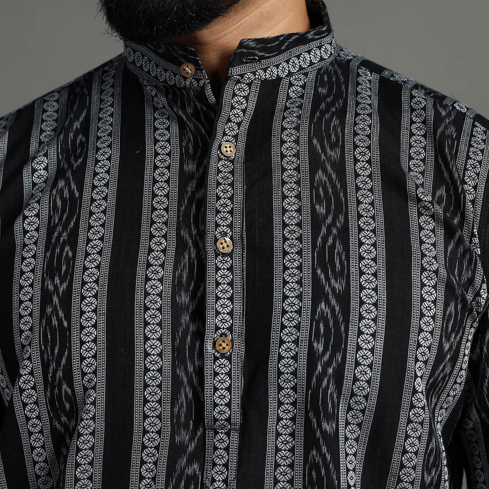 Black - Sambalpuri Ikat Weave Cotton Men Short Kurta